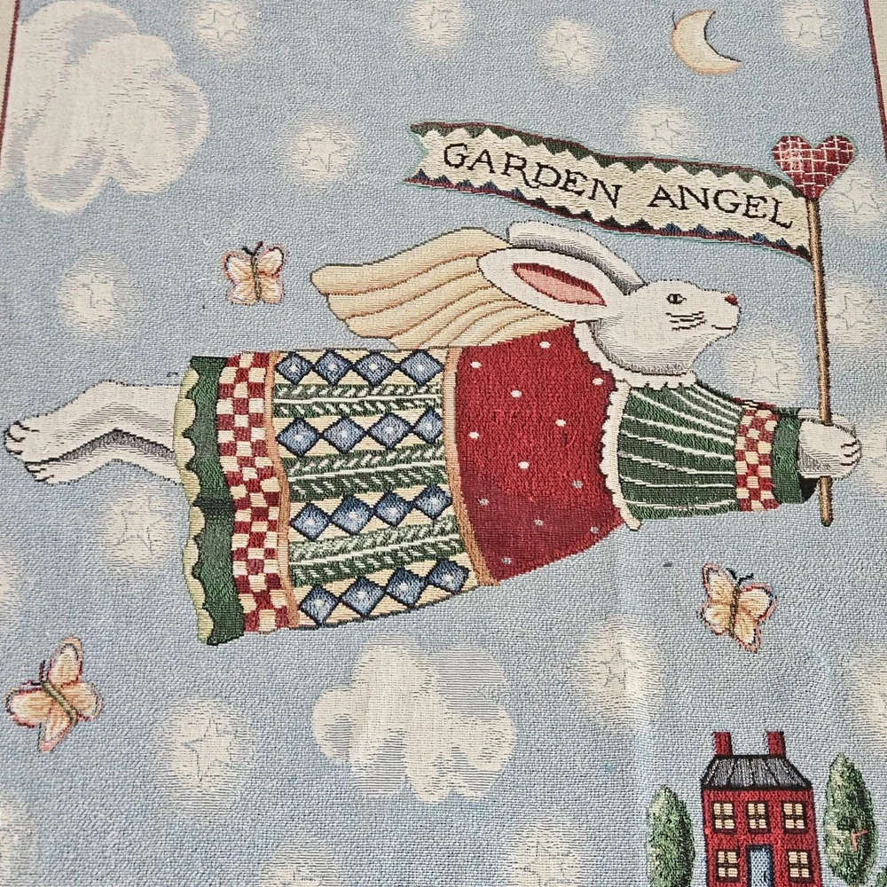 Coco Dowley Garden Angel Woven Tapestry Throw Blanket Bunny Rabbit Folk Art Blue